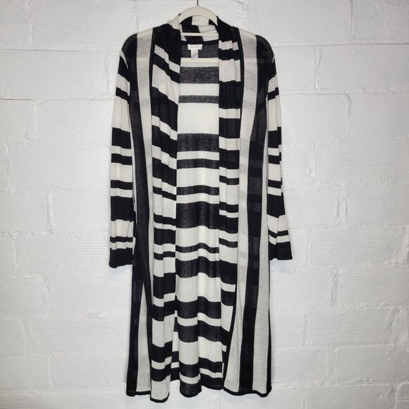 Chico's Women's Size 3 (US XL) Cardigan Sweater Long Linen Black White Striped - Picture 1 of 3